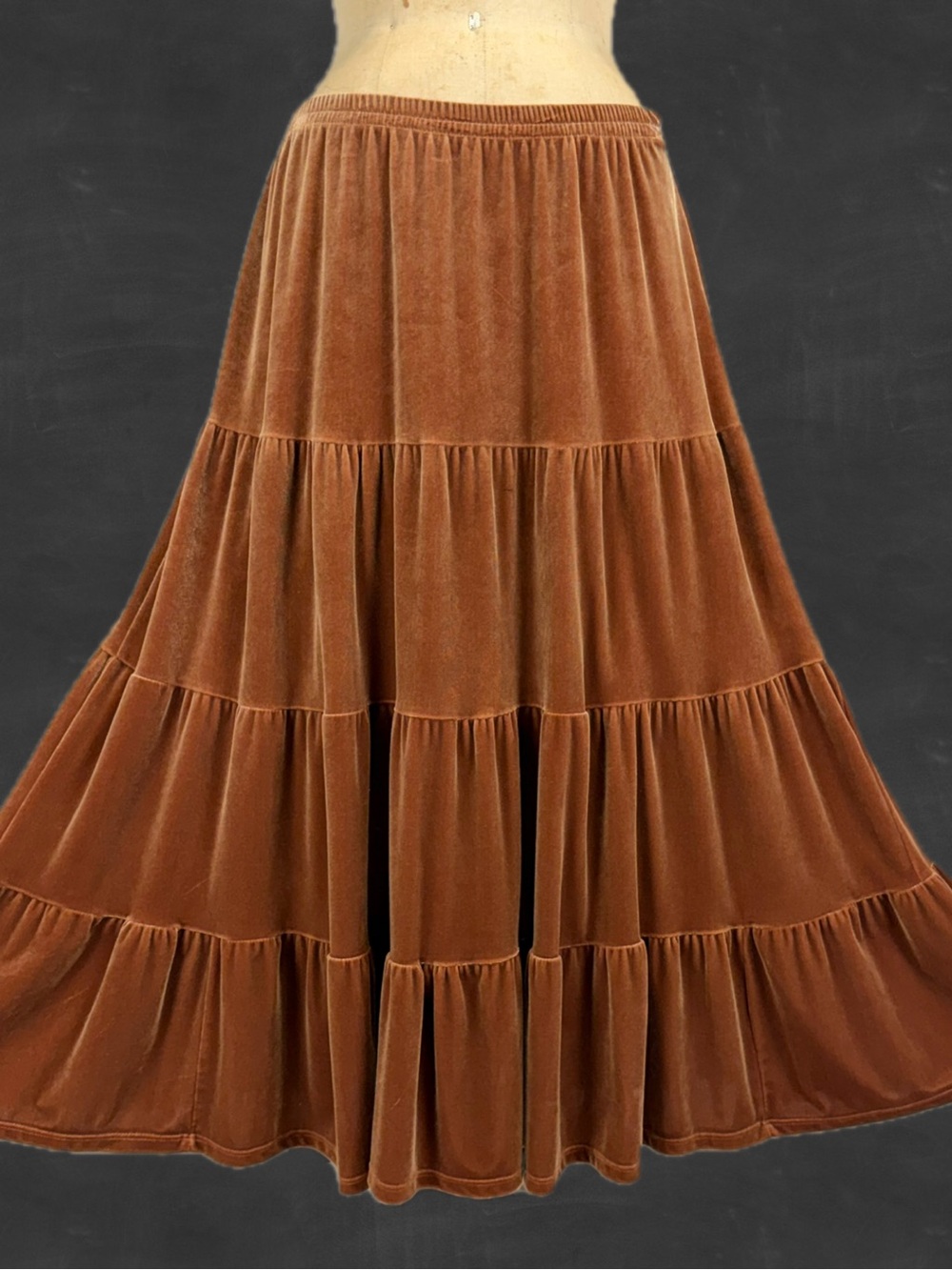 VINTAGE 80s bronze rust long maxi skirt tiered ruffle plush velvet elastic waist